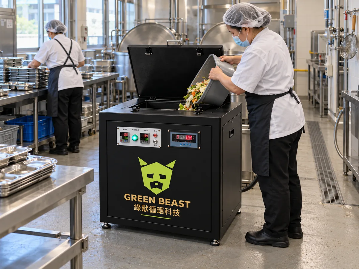 團膳廚房人員使用綠獸商用廚餘機