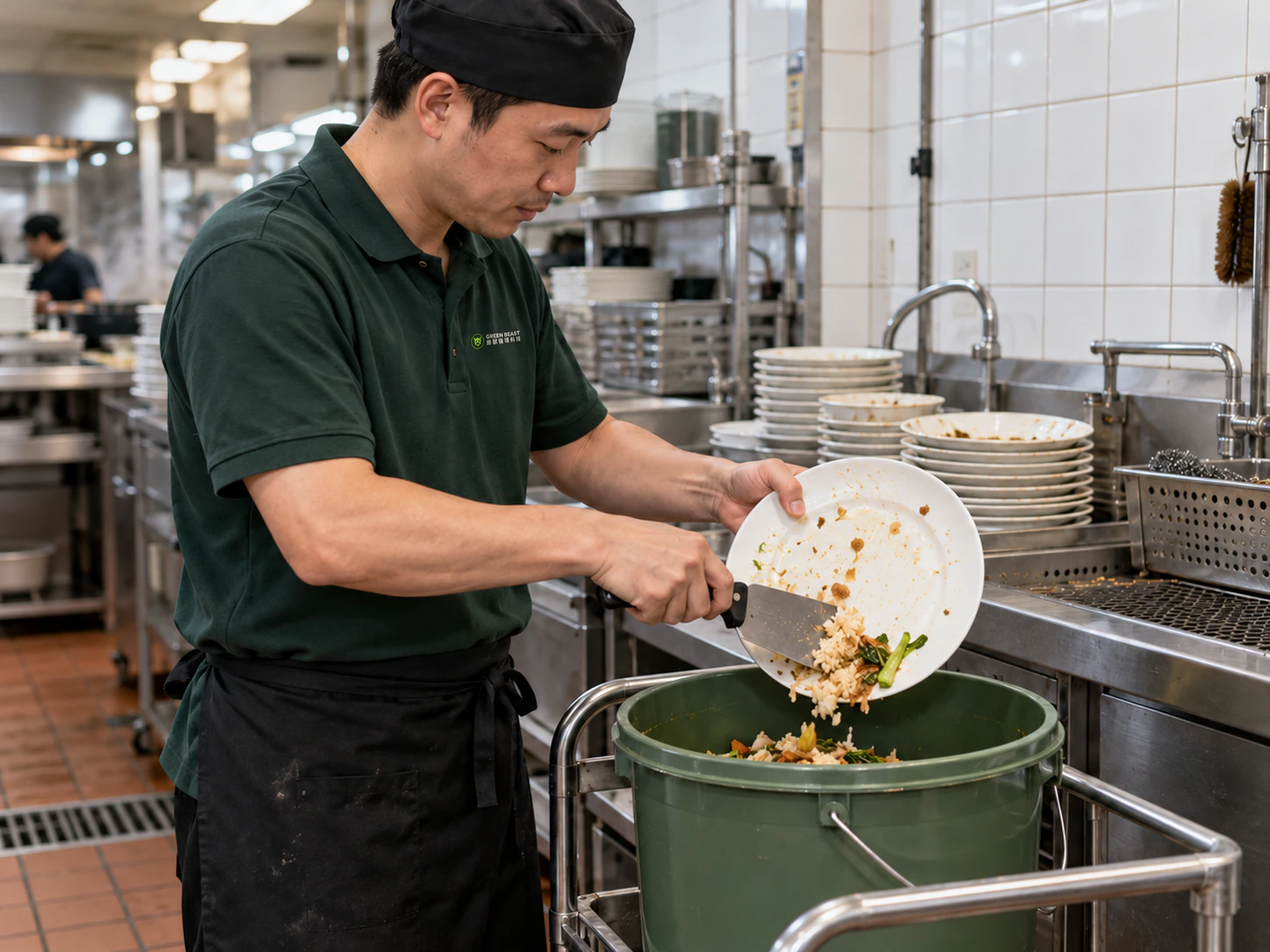 餐廳工作人員將餐盤剩食集中到廚餘桶