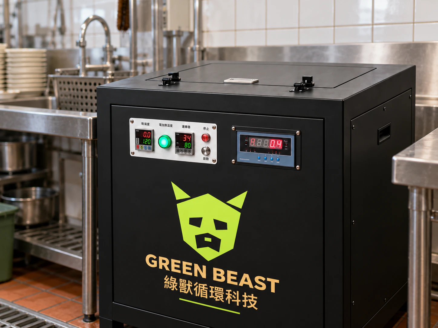 綠獸商用廚餘機關閉上蓋後運作，正面控制面板與指示燈亮起