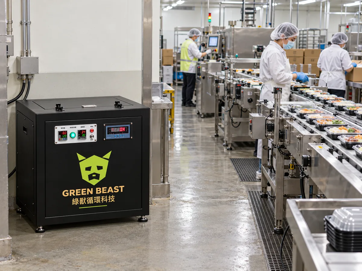 食品加工廠生產線旁的綠獸商用廚餘機